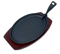 Besto Cast Iron Sizzler Plate Oval Serving Pan, Pre-Seasoned Fajita Platter with Wooden Trivet for Serving Hot Sizzling Dishes (24cm x 14cm)