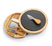 besto Cheese Board and Knife Set (4 Pcs) | Hevea Wood Round Slate Cheese Board with Knives & Fork | Cheeseboard Gift Set | Hand Cleaning Recommended (Avoid Dishwasher)