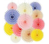 BestoFun Pack of 12 Colourful Paper Fan Set Orange Pink White PomPoms Tissue Flowers Peach Yellow Beige Hanging Garland Light Purple Paper Fan Decoration for Birthday Wedding Garden Party Decoration