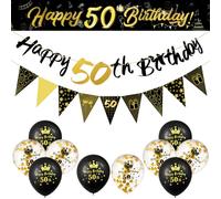 Bestomrogh 13Pcs Black Gold 50th Birthday Decor Banner Latex Balloon Kit