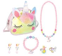 Bestomrogh Unicorn Crossbody Bag Purse with Jewelry Set, Little Girls Unicorn Rings Bracelets Necklaces Princess Dress Up Accessories Jewelry Party Favors Gift