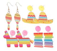 BESTOMZ 4 Pairs Fiesta Acrylic Earrings for Women, Mexico Style Drop Dangles with Hat, Sheep, Rainbow Strip and Maraca Shapes, Suitable for Mexico Parties and Carnivals