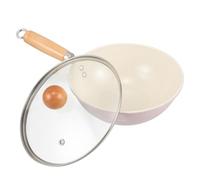 BESTOMZ Pink Nonstick Deep Frying Pan Wooden Handle Small Iron Wok with Glass Lid Versatile Compatibility Resistant to Wear and Tear for Family Meals on Stove Top