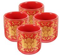BESTOMZ Red Ceramic Offering Cups 4Pcs, Tibetan Buddhist Water Storage Cups with Lotus Design and Gold Rim, 1.77 Inch for Temple Worship and Household Rituals