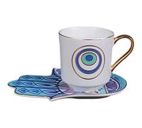 BESTonZON 1 Set Tea Cups and Saucers Ceramic Coffee Mug Set Blue Evil Eye Cups with Hamsa Hand Saucer Plate Dish Espresso Coffee Cups Cappuccino Cups for Home Office