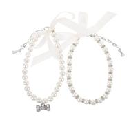 BESTonZON 2pcs Girl Dog Accessories: Pet Bow Pearl Necklace With Bone Pendant For Daily Walks Parties & Photoshoots - Jewelry For Cats & Small Dogs