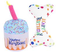 BESTonZON 2Pcs Interactive Kitten Chewing Plush Cat Birthday Cake Embroidered Bone Pet for Dental Health and Playful Indoor Cats