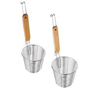 BESTonZON 2pcs Mesh Pasta Basket with Wooden Handle Stainless Steel Mesh Spider Strainer Boiling Blanching Basket Noodle Strainer Colander for Pasta Spaghetti Dumpling Ramen Pho