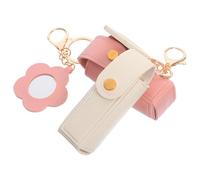 BESTonZON 2Pcs Mini Lipstick Case with Mirror and Keychain, Portable Small Travel Makeup Bag for Lipstick and Lip Gloss Storage, Pink and Beige Cosmetic Organizer for Purse