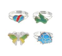 BESTonZON 4pcs Thermochromic Mood Rings for and Women, Adjustable Open Finger Rings with Random Cute Animal Designs - Butterfly, Heart, Turtle, Seabird Color Changing Jewelry Random Color