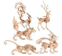 BESTonZON 5pcs Wooden Animal Puzzle DIY Assembly for Educational Interactive Jigsaw with Wolf Dragon Fox Deer Tiger Models Creative Activity and Home Decoration