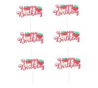 BESTonZON 6pcs Strawberry Happy Birthday Cake Topper Sparkly Glitter Fruit Theme Party Decorations Lightweight Reusable Floral Centerpiece for Birthday Shower Summer Celebration