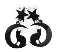 BESTonZON Acrylic Black Cat Moon Star Dangle Earrings for Women, Lightweight Drop Earrings Moon Cat Design, Suitable for Daily Wear and