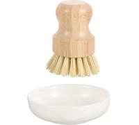 BESTonZON Bamboo Dish Pot Pan Brushes Set, Bamboo Scrub Brushes with Ceramics Holder Mini Palm Scrub Brush Pot Dish Brush Wooden Cleaning Scrubbers Scrub Brush for Dish Pots Pans Kitchen Sink Cleaning