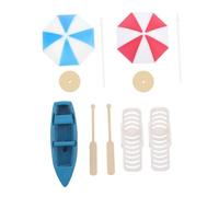 BESTonZON Beach Style Miniature Fairy Garden Decoration with Red Blue Umbrellas Beach Chairs Blue Boats and Wooden Oars Delicate Home DIY Micro Landscape Ornament