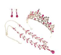 BESTonZON Bridal Jewelry Set Three-Piece Pink Rhinestone Wedding Tiara Crown, Teardrop Necklace and Earrings for Bride, Bridal Accessories for Wedding, Prom and Birthday