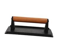 BESTonZON Cast Iron Steak Press Plate with Wide Handle for Even Pressure Distribution Large Multipurpose Griddle Bbq Pan for Burgers Bacon Meat Cooking Removable Wooden Handle Design