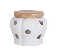 BESTONZON White Stoneware Garlic Keeper Bamboo Lid Round Ceramics Garlic Jars Storage Container
