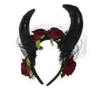 BESTonZON Gothic Rose Devil Horns Headband with Lace Veil Halloween Costume Hair Accessory Floral Headwear for Cosplay Party and Halloween Bride Decor