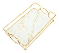 BESTonZON Makeup Organizer Bathroom Vanity Tray White Iron Glass Counter Tray with Beautiful Smooth Marbled Surface Shiny Edge Decorations Easy to Maintain for Living Room and Bedroom