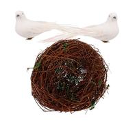 BESTonZON Rattan Bird Nest with Two White Pigeons Realistic Artificial Bird Nest Decoration for Garden Trees DIY Crafting and Photography Props for Table Display