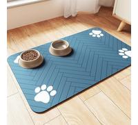 BESTORI Cat Food Mat for Pet Dog No Stains Quick Dry Absorbent Food Water Bowl Feeding Mat with Footprints for Messy Drinkers Blue, 40 x 50 cm