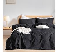 BESTOUCH 100% Washed Cotton Bed Linen Set, Super Soft Touch Comfortable Chic Lightweight 3-Piece Bedding Set Home Solid Deep Black Queen