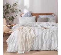 BESTOUCH Cotton Striped Duvet Cover Set White Cornflower Blue King