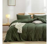 BESTOUCH Duvet Cover Set 100% Washed Cotton Linen Feel Super Soft Comfortable Chic Lightweight 2 PCs Home Bedding Set Olive Green Twin