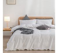 BESTOUCH Duvet Cover Set 100% Washed Cotton Linen Feel Super Soft Comfortable Chic Lightweight 3 PCs Home Bedding Set Solid Bright White Queen