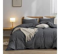 BESTOUCH Duvet Cover Set 100% Washed Cotton Linen Feel Super Soft Comfortable Chic Lightweight 3 PCs Home Bedding Set Solid Dark Black Queen