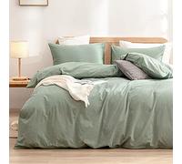 BESTOUCH Duvet Cover Set 100% Washed Cotton Linen Feel Super Soft Comfortable Chic Lightweight 3 PCs Home Bedding Set Solid Green Super King