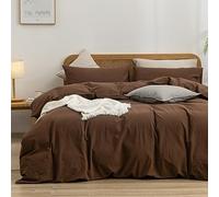 BESTOUCH Duvet Cover Set 100% Washed Cotton Linen Feel Super Soft Comfortable Chic Lightweight 3 PCs Home Bedding Set Solid Cocoa Brown Oversized King