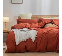 BESTOUCH Duvet Cover Set 100% Washed Cotton Linen Feel Super Soft Comfortable Chic Lightweight 3 PCs Home Bedding Set Solid Burnt Brick Red Full/Double