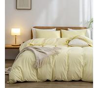 BESTOUCH Duvet Cover Set 100% Washed Cotton Linen Feel Super Soft Comfortable Chic Lightweight 3 PCs Home Bedding Set Solid Light Yellow King