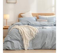 BESTOUCH Duvet Cover Set 100% Washed Cotton Linen Feel Super Soft Comfortable Chic Lightweight 3 PCs Home Bedding Set Cornflower Blue Queen