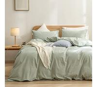 BESTOUCH Duvet Cover Set 100% Washed Cotton Linen Feel Super Soft Comfortable Chic Lightweight 3 PCs Home Bedding Set Solid Sage Green Full/Double