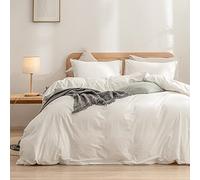 BESTOUCH Duvet Cover Set 100% Washed Cotton Linen Feel Super Soft Comfortable Chic Lightweight 3 PCs Home Bedding Set Solid White King