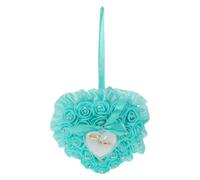BESTOYARD Heart Ring Pillow Wedding Ring Holder Box, Blue, 2 Slots, Polyester Foam Rhinestone with Rose Flower Decoration, for Church and Engagement Ceremony
