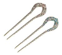 BESTOYARD Rhinestone Hair Stick Vintage Double Prong 2pcs Blue Alloy for Elegant Updo Styles on Celebration