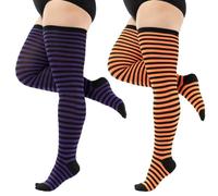 bestree 2 Pairs Plus Size Womens Knee High Socks，Stripe Over The Knee Thigh High Long Socks Winter Warm Suitable for up to 190 pound (Purple+Yellow)