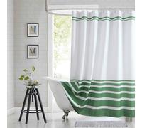 BESTRIPES Extra Long Green and White Striped Shower Curtain 72x84 Inches, Waterproof Fabric with Modern Gradient Lines, 12 Rustproof Grommets & Weighted Hem