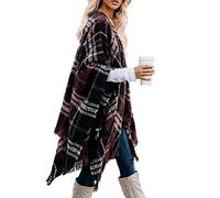 Bestshe Women's Boho Open Front Poncho Knitted Plaid Shawl Wrap Cape Tassel Cardigan Sweater, #01 Wine Red, One size