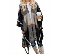 Bestshe Women's Boho Open Front Poncho Knitted Plaid Shawl Wrap Cape Tassel Cardigan Sweater, #04 Grey, One size