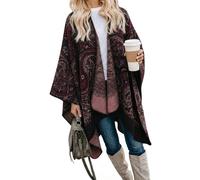 Bestshe Women's Boho Open Front Poncho Knitted Plaid Shawl Wrap Cape Tassel Cardigan Sweater, #15 Winered, One size