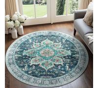 BESTSWEETIE 6ft Area Rug Washable Rugs for Living Room, No Pile Boho Carpet for Entryway Bedroom Dinning Room, Vintage Carpet Print Distressed Non-Slip, 72" Round, Teal Dark Green