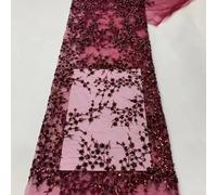Besttoolifes Sequins Net Lace Fabric, 3D Embroidered for Lace Material with Nigerian Embroidery for Evening Dress, Skirts, Apparel Trimming, Home Decor(Burgundy)