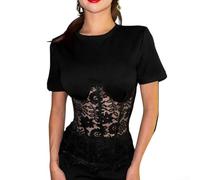 Besttoolifes Sheer Lace for top Women Mesh Patchwork Blouse See Through T | Shirt Short Sleeve Streetwear for Hot Girl Summer for top Mature Style Tee Round Neck Splicing