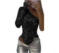 Besttoolifes Women's Shoulder Sequin for top Long Sleeve Rhinestone Shirt | for slim for Fit Street Fashion Blouse for Party Club Evening Wear Silver White Black Blue Pink