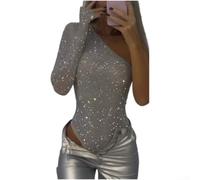 Besttoolifes Women's Shoulder Sequin for top Long Sleeve Rhinestone Shirt | for slim for Fit Street Fashion Blouse for Party Club Evening Wear Silver White Black Blue Pink